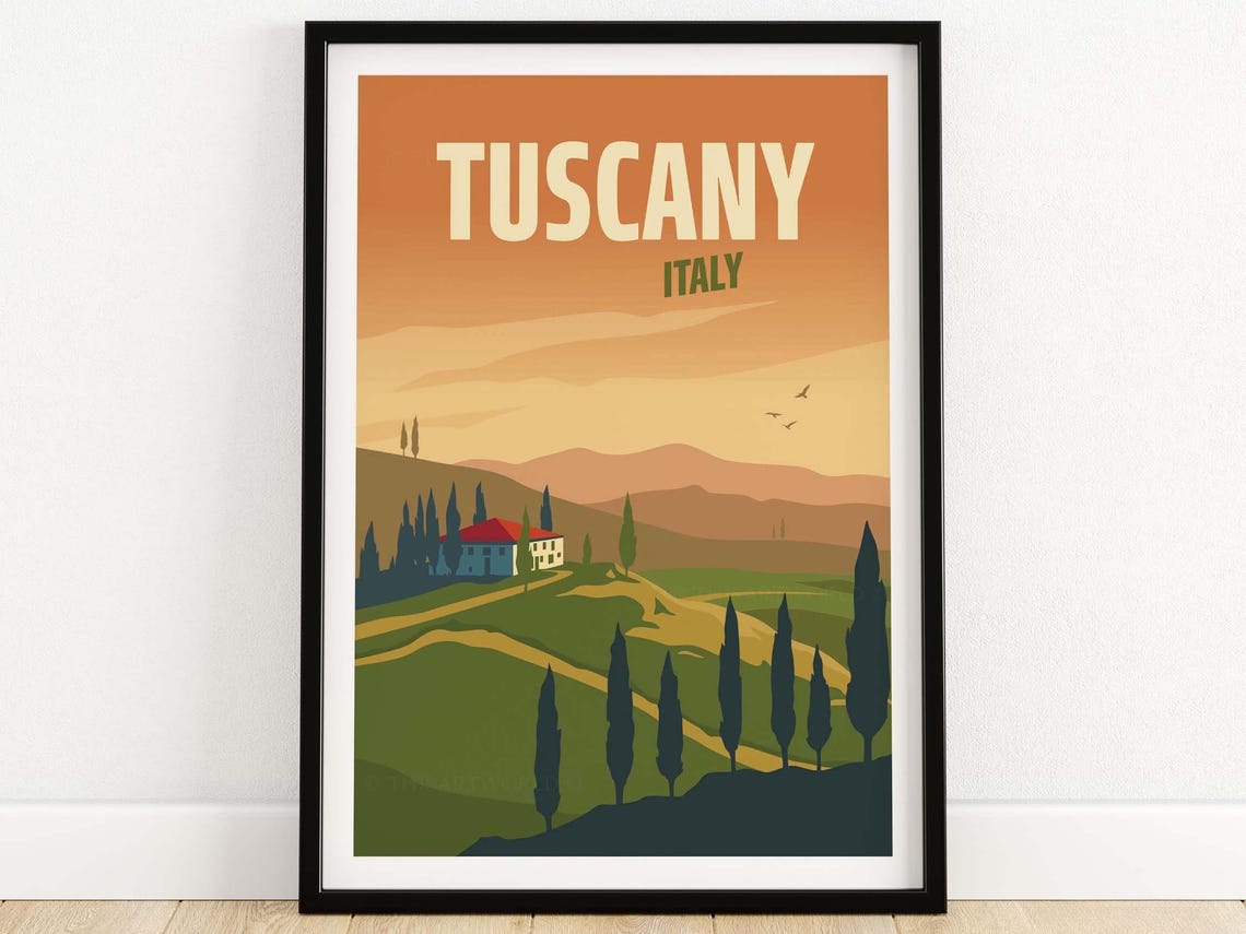 Tuscany Italy Cypress Hills Sunset Vintage Travel Poster Art