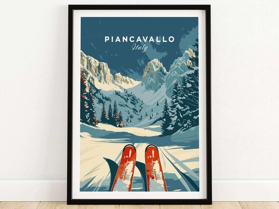 Piancavallo Italy Ski Poster With Red Skis Over Alpine Valley