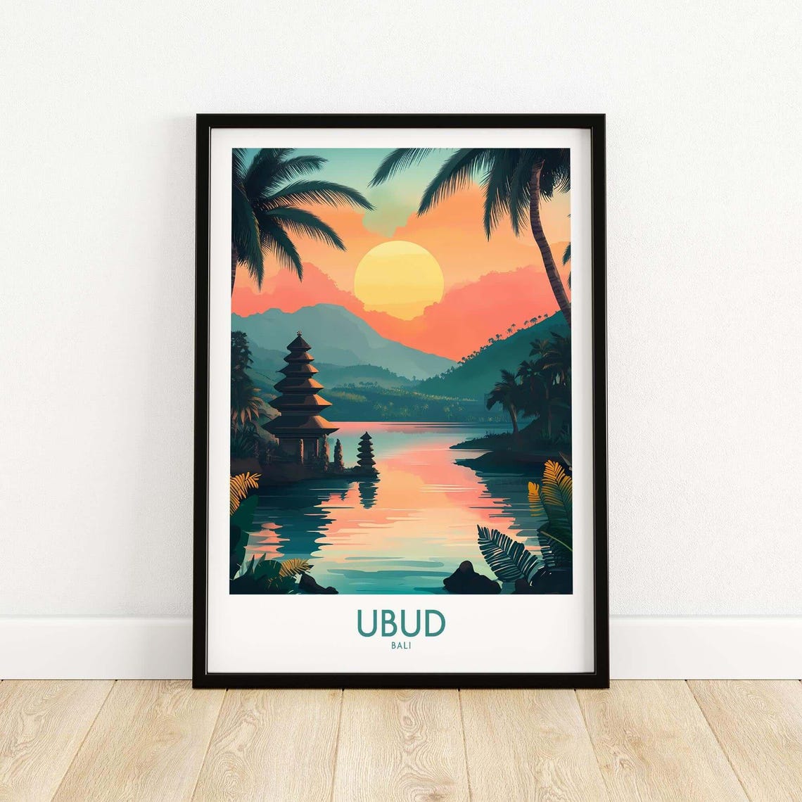 Ubud Bali Lakeside Temple At Sunset With Palm Trees Travel Poster