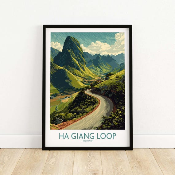 Vietnam Ha Giang Loop Curve Poster Mountain Peak Print Travel Landscape Wall Art Road Gift Lovers Illustration