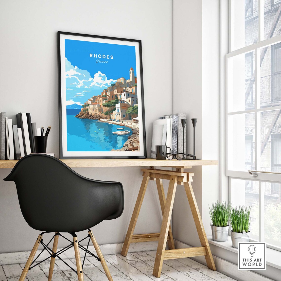 Rhodes Greece Harbor Town Boats Blue Sea Island Coast Travel Poster - Image 4