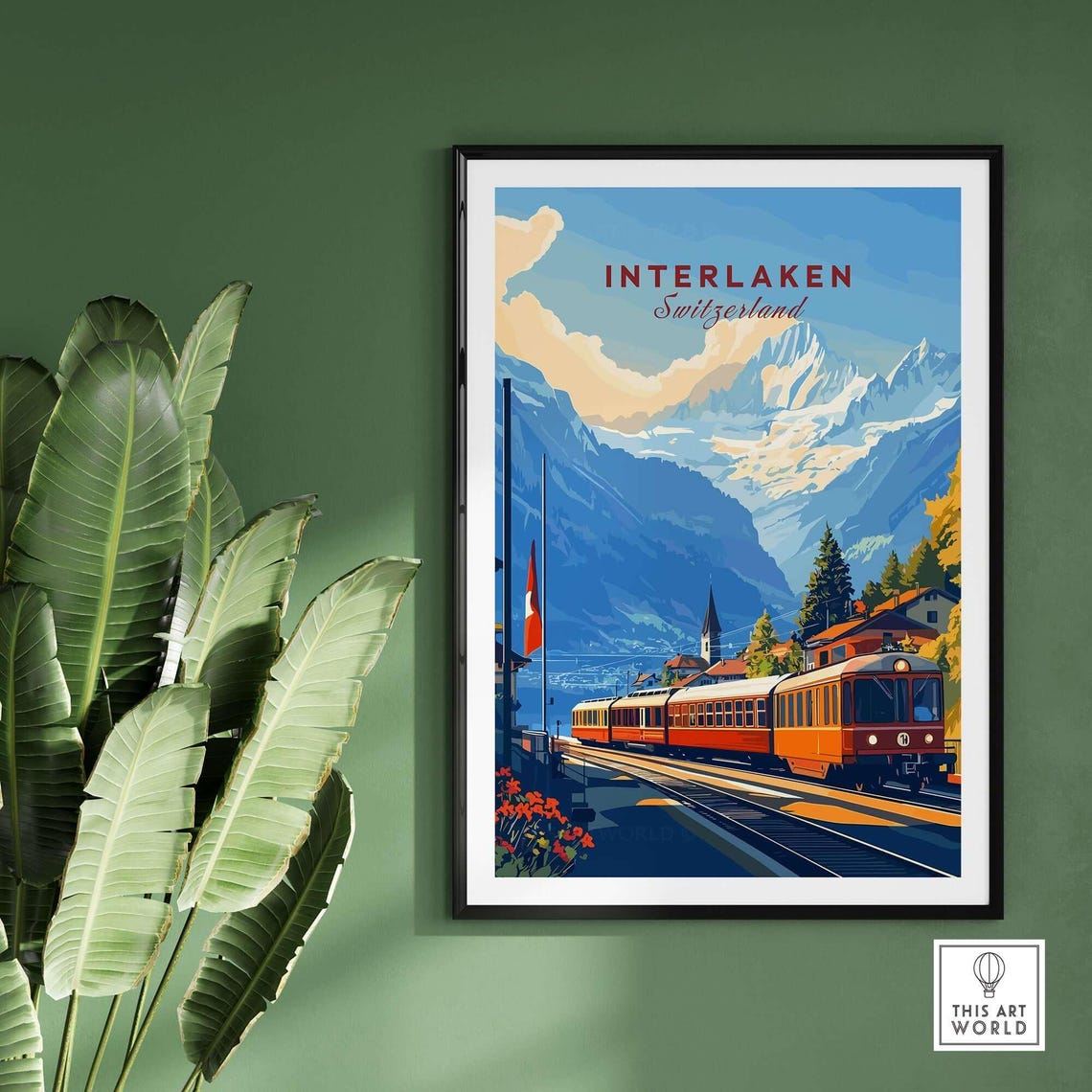 Interlaken Switzerland Alpine Peaks Red Mountain Train Poster - Image 2