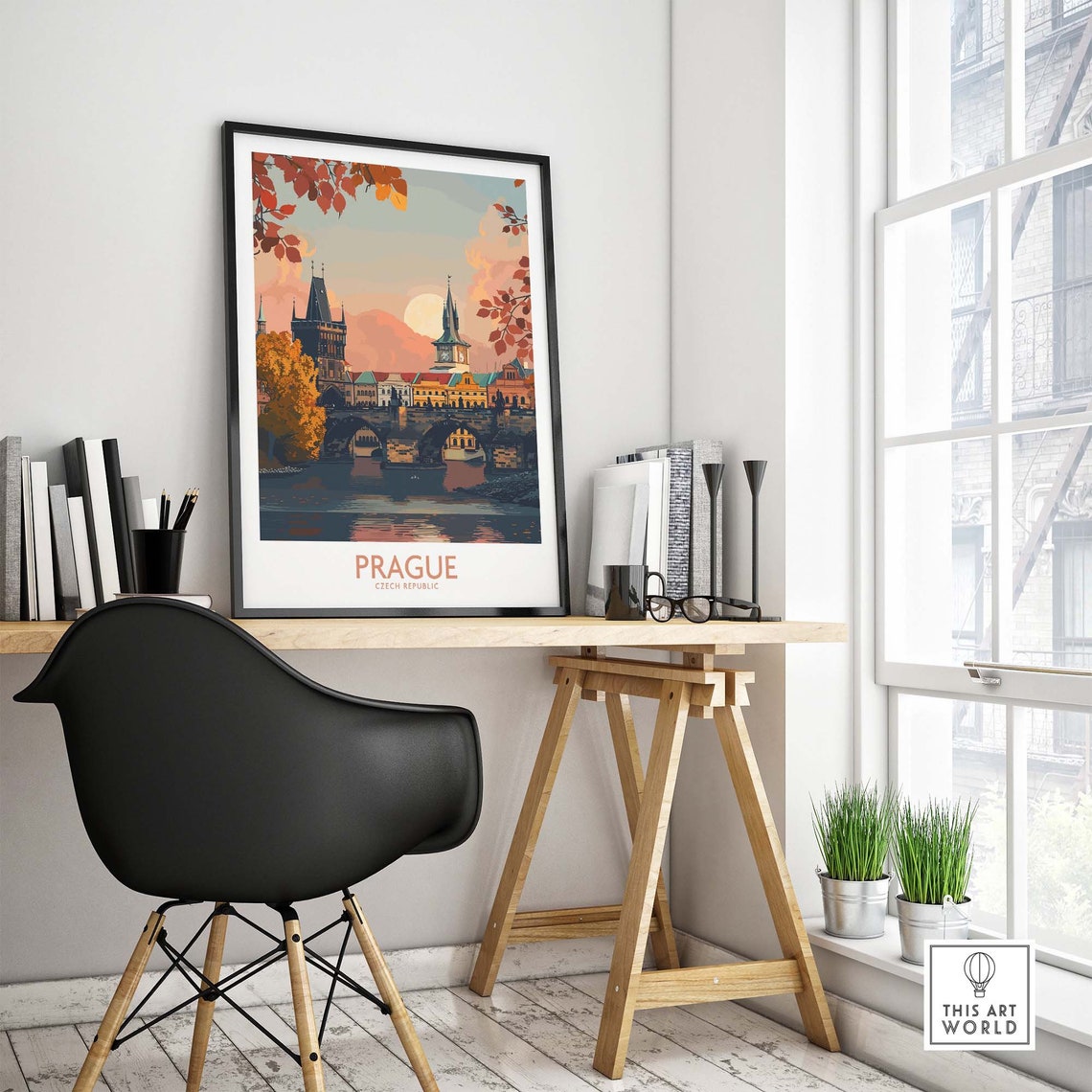 Prague Czech Republic Autumn River Bridge Old Town Sunset Poster