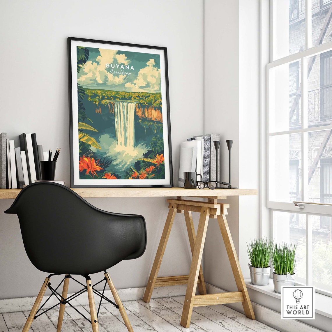 Guyana Caribbean Jungle Waterfall Orange Flowers Nature Poster - Image 4