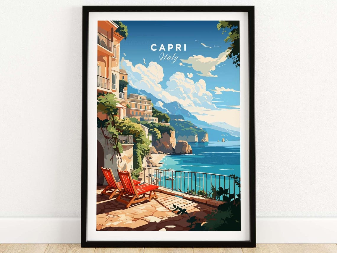 Capri Italy Seaside Terrace Red Lounge Chairs Cliff View Art Poster