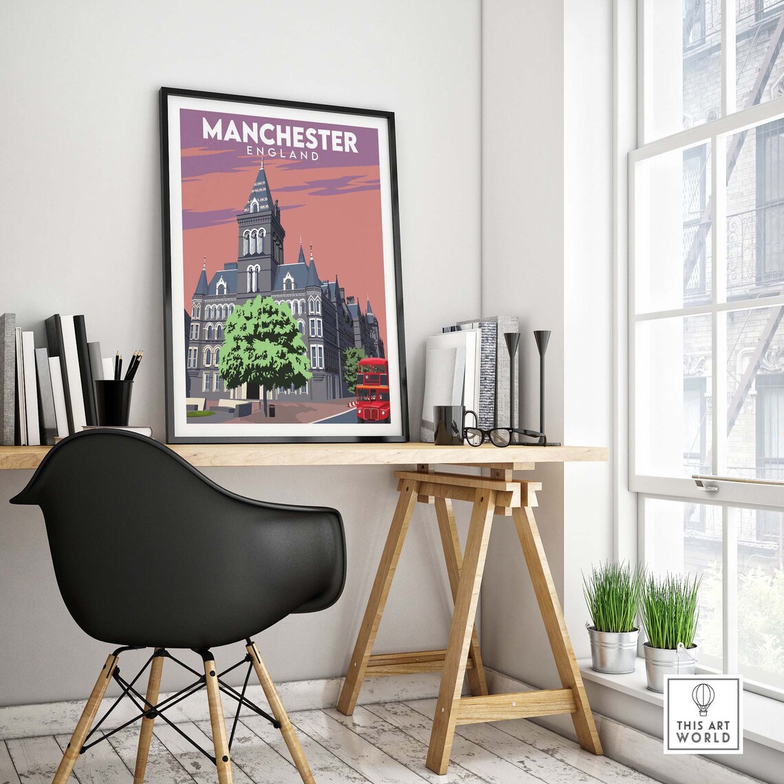 Manchester England City Vintage Town Hall Red Bus Travel Poster - Image 4