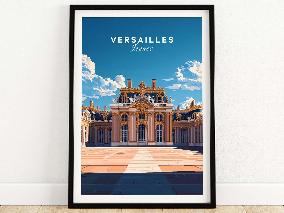 Versailles France Grand Palace Courtyard Bright Blue Sky Travel Poster