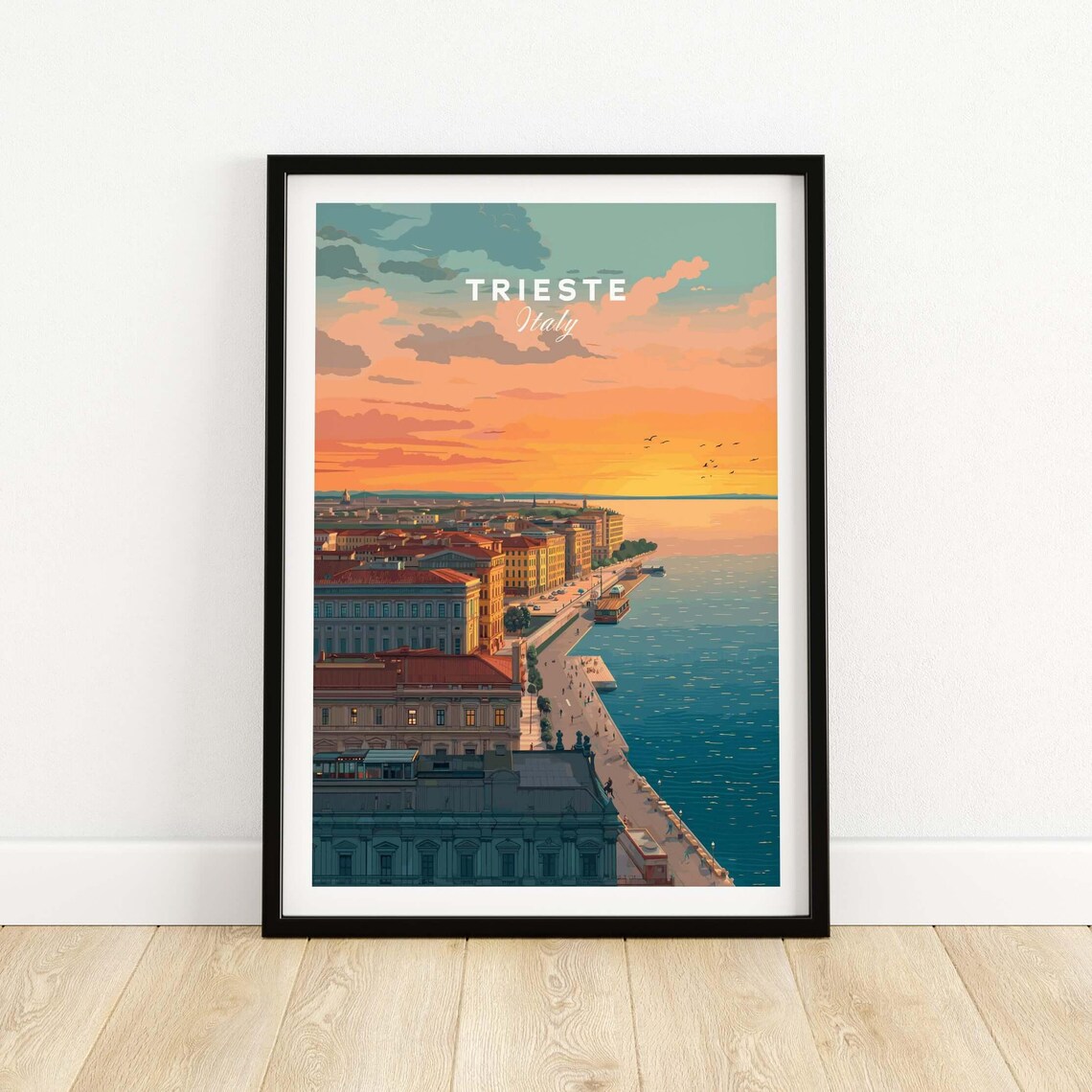 Trieste Italy Golden Sunset Coastal Waterfront Travel Poster