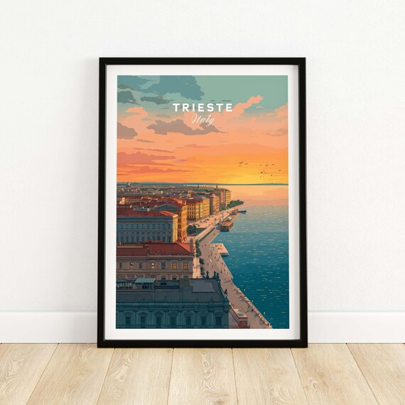 Trieste Italy Golden Sunset Coastal Waterfront Travel Poster
