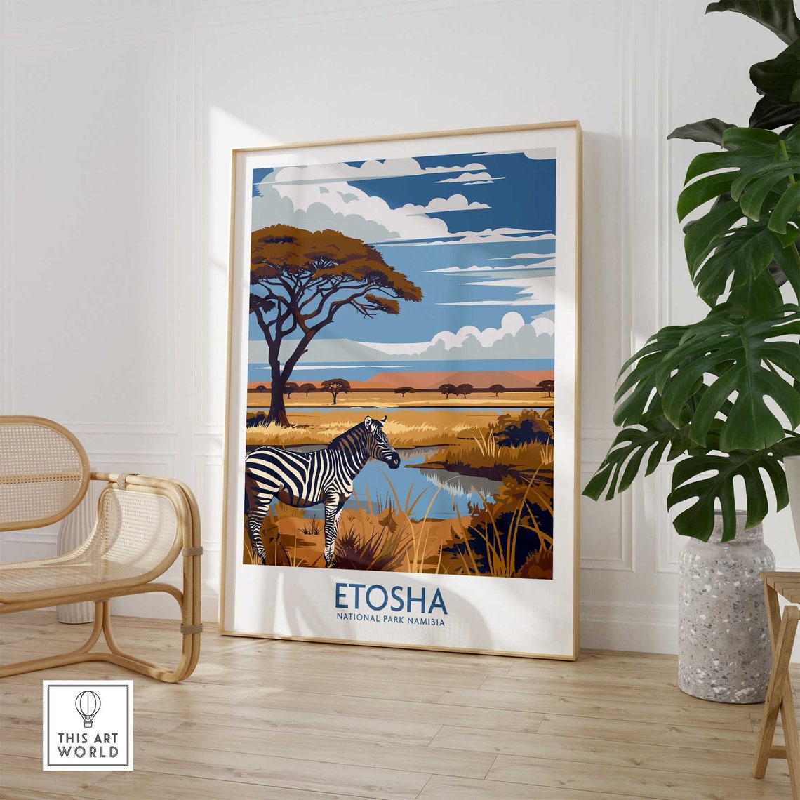 Etosha National Park Namibia Zebra Waterhole Acacia Retro Poster - Image 3