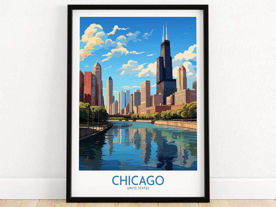 Retro Chicago United States Skyline River Reflection Day Poster