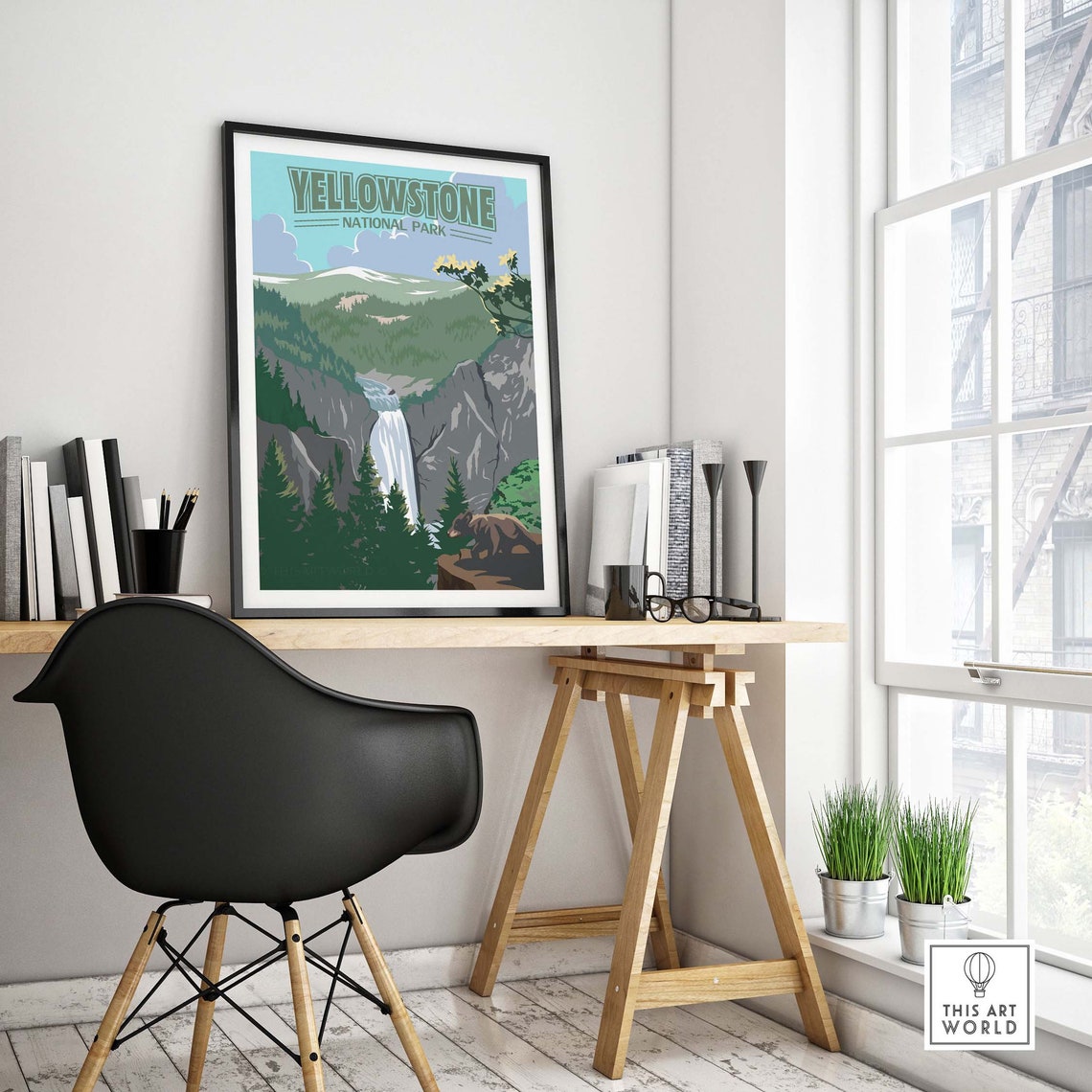 Yellowstone National Park Grand Falls Vintage Bear Forest Art Poster - Image 4