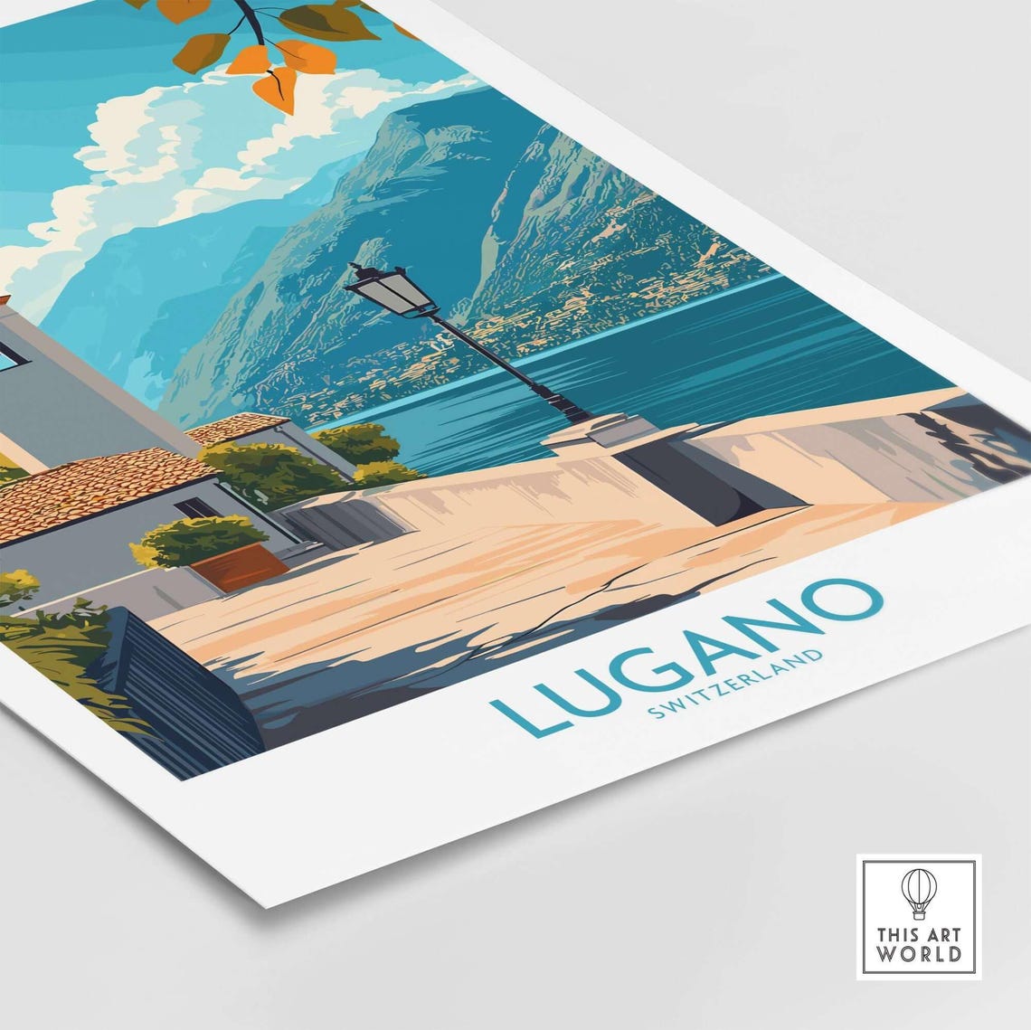Lugano Switzerland Lakeside Promenade Bell Tower Travel Poster - Image 4