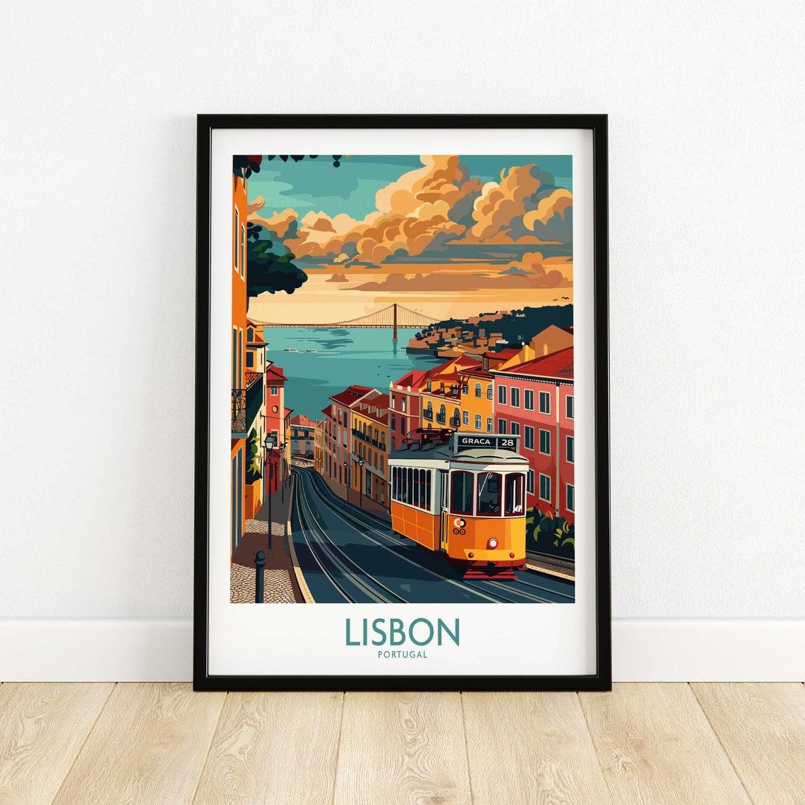 Lisbon Portugal Tram 28 Graca Hillside Tagus River Sunset Poster