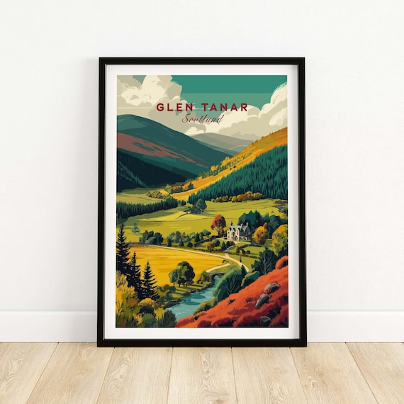 Glen Tanar Scotland Autumn Valley Panorama Illustration Travel Poster