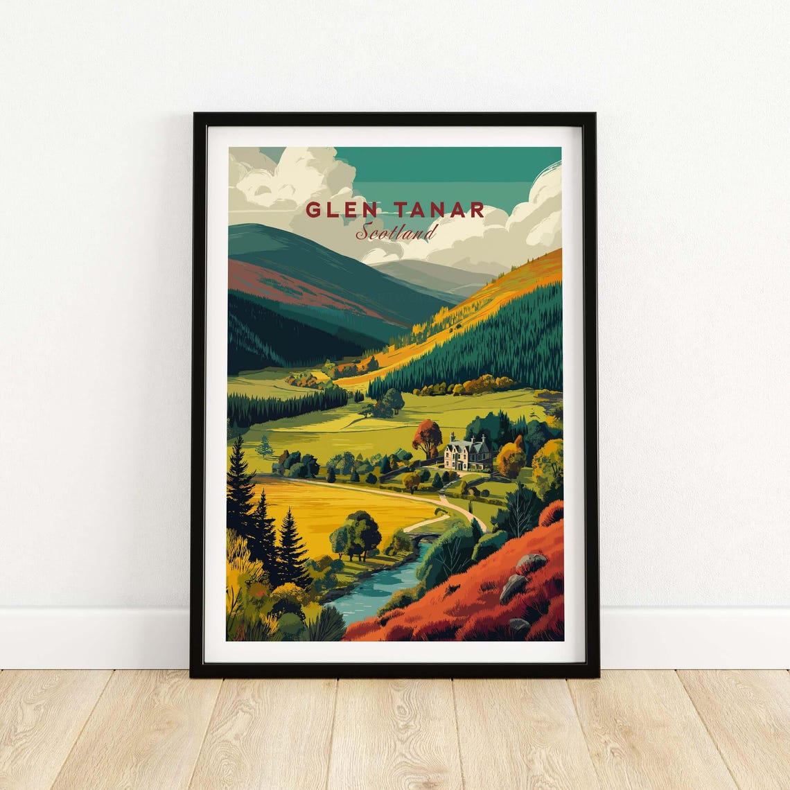Glen Tanar Scotland Autumn Valley Panorama Illustration Travel Poster