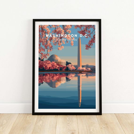 Washington Dc Poster Jefferson Memorial Monument Print With Cherry Blossom Wall Art Cityscape Decor For Home Or Office