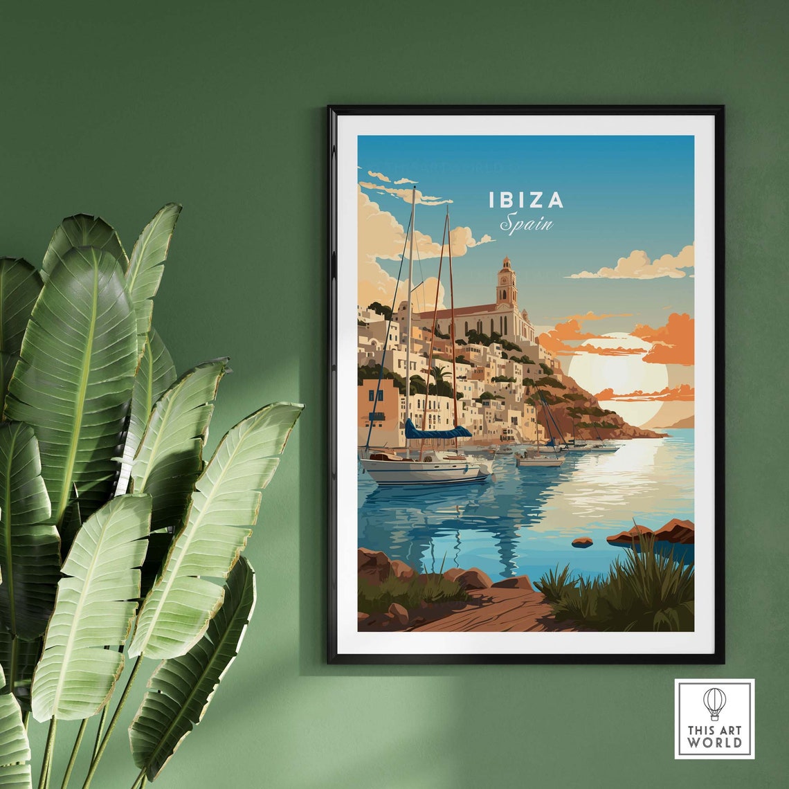Ibiza Spain Harbor Sunset Sailboats Whitewashed Old Town Poster - Image 2
