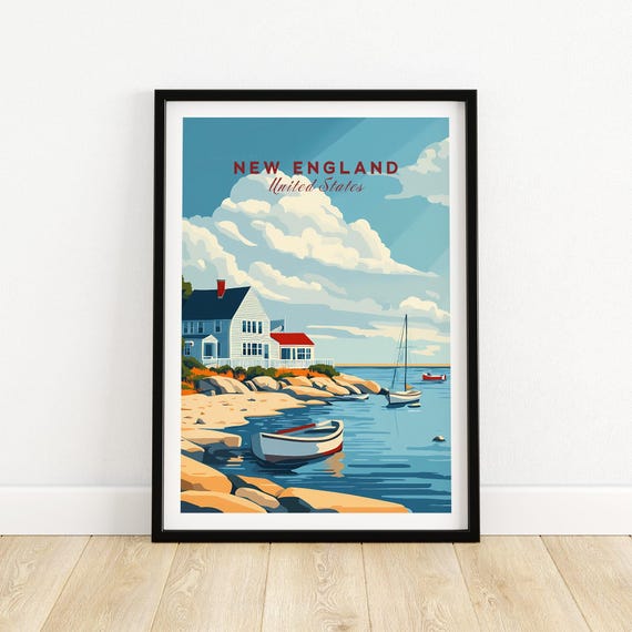 New England Travel Poster Art Print Home Dcor Gift Illustration Artwork