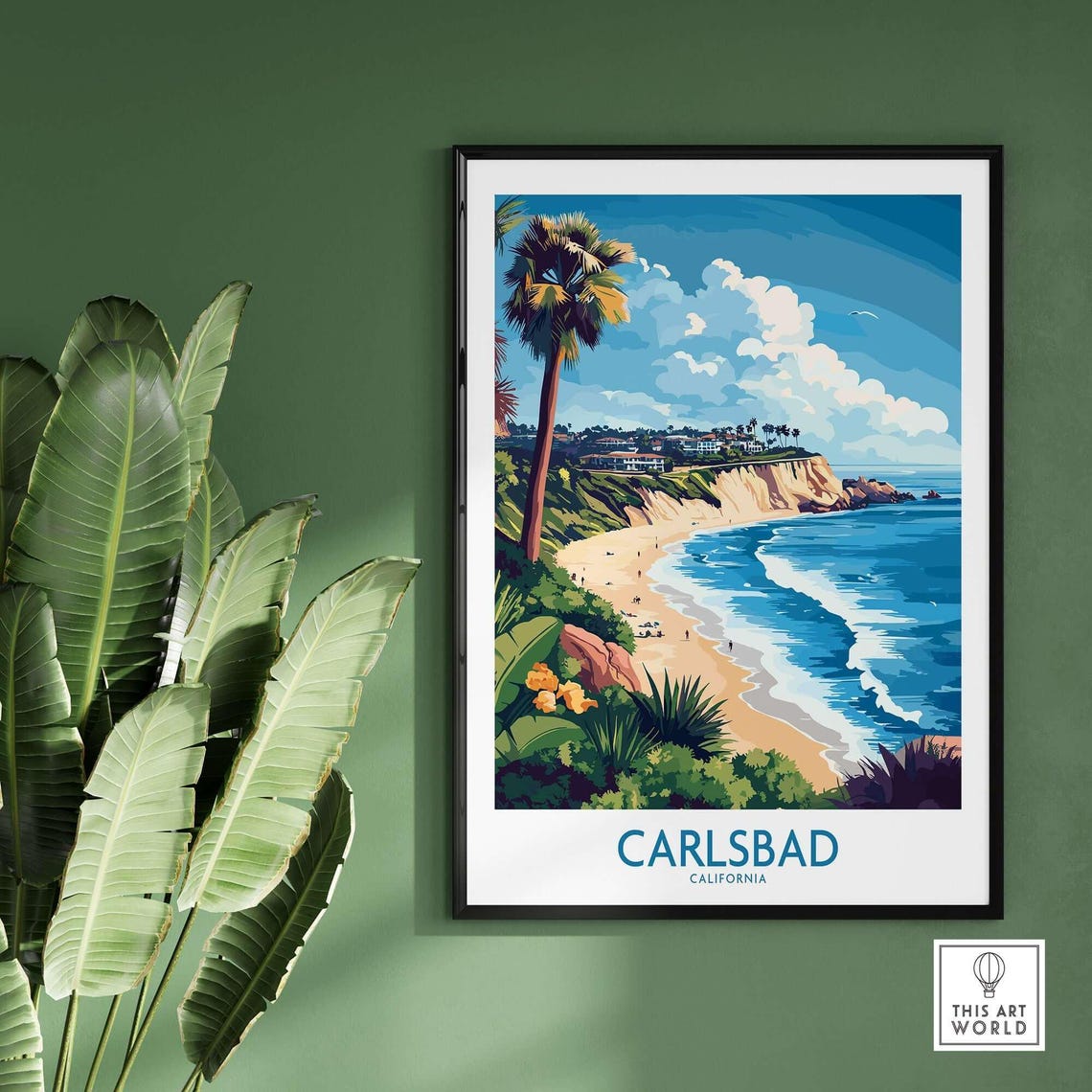 Carlsbad California Sunny Beach Cliffs Palm Trees Surf Travel Poster - Image 2
