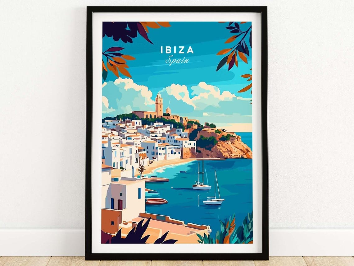 Ibiza Spain Coastal Old Town Castle Sailboats Beach Travel Poster
