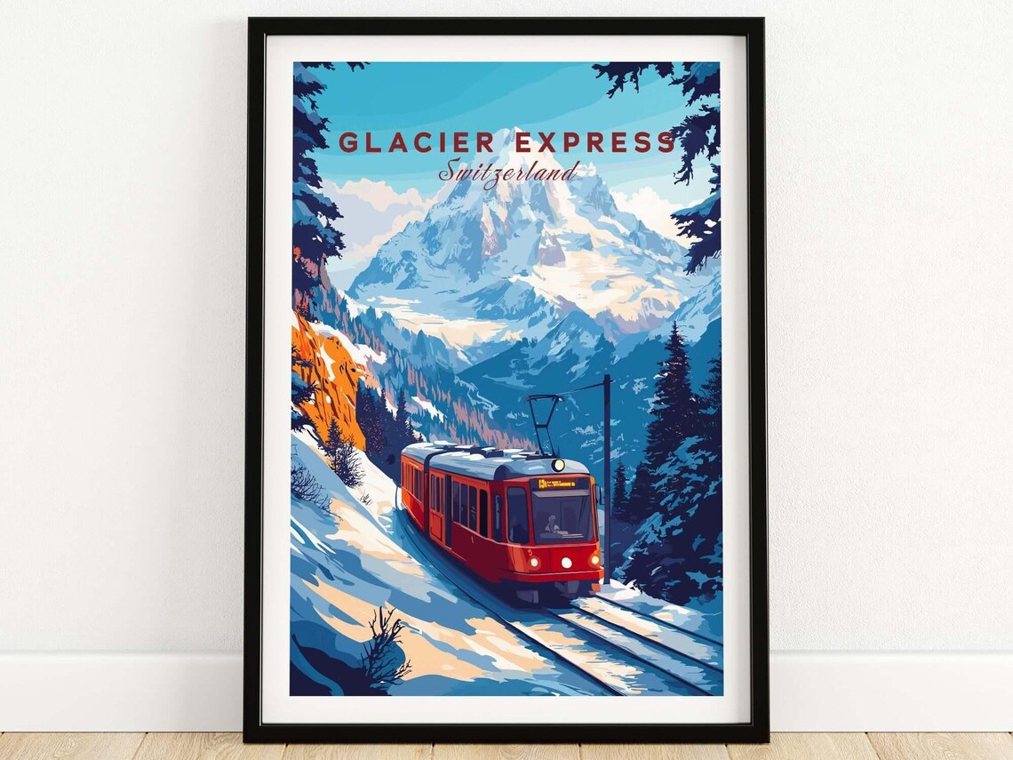 Glacier Express Switzerland Red Train Snowy Alps Travel Poster