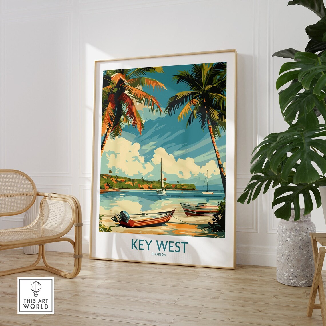 Key West Florida Bay Motorboat Sails Classic Travel Art Poster - Image 2