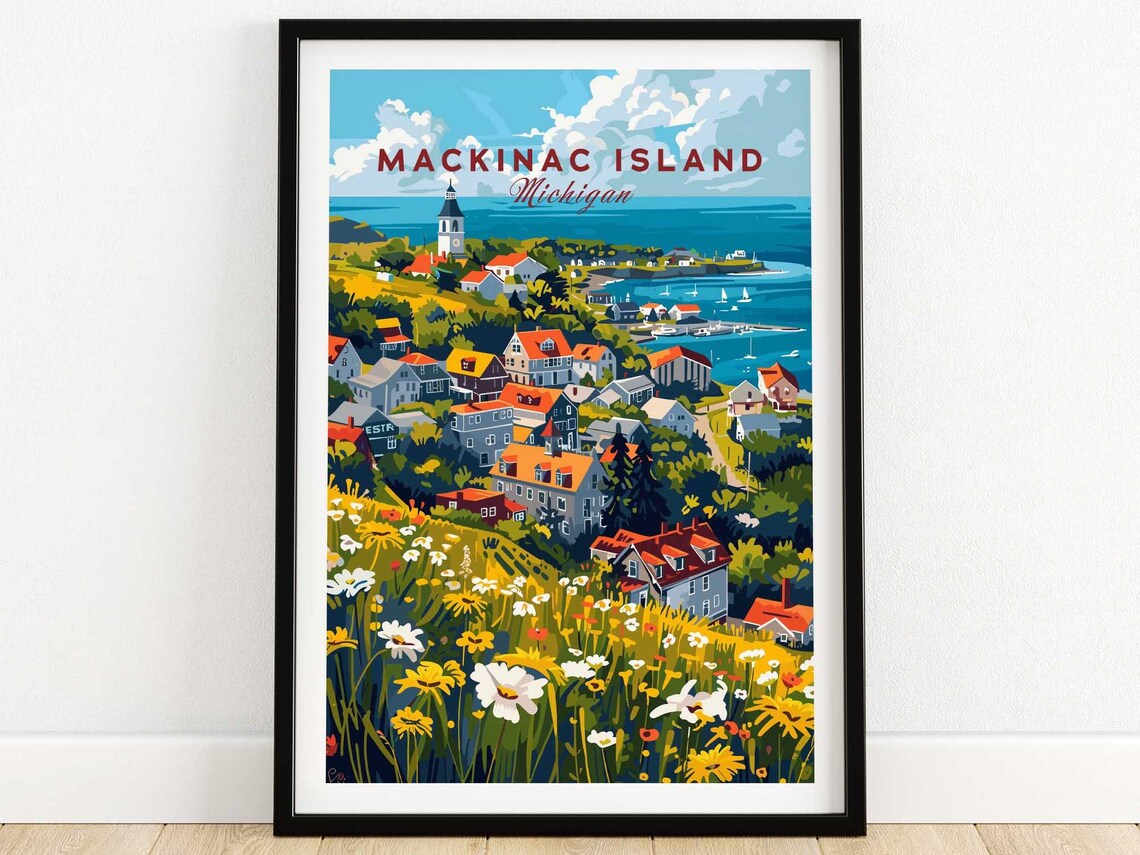 Mackinac Island Michigan Hillside Town Sailboats Floral Art Poster