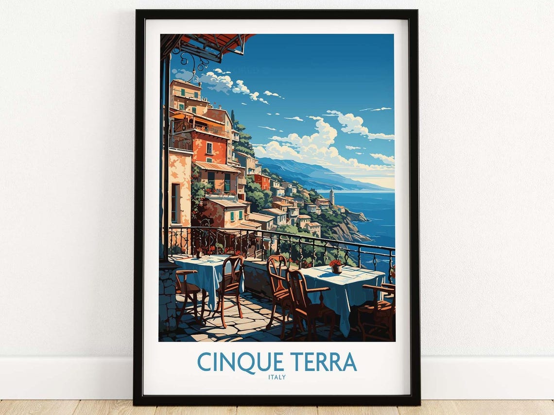 Cinque Terra Italy Seaside Cafe Terrace Coastal Travel Poster