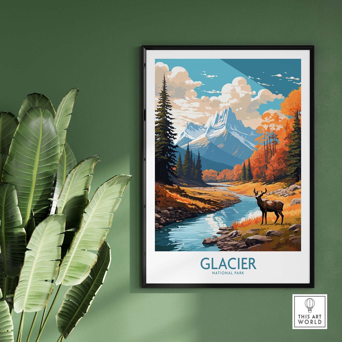 Glacier National Park Autumn Deer River Mountain Travel Poster - Image 2