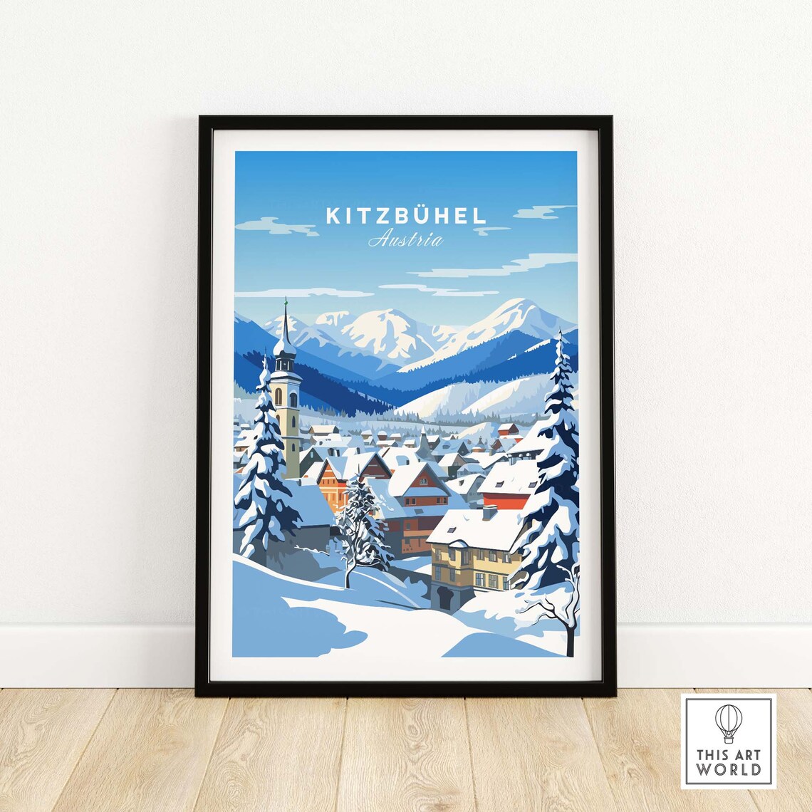 Kitzbuhel Austria Snowy Alpine Village Church Winter Travel Poster