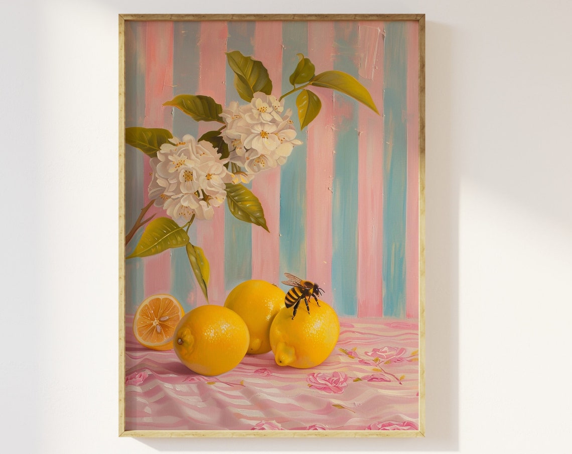 Lemons And Bumble Bee Citrus Still Life Mediterranean Kitchen Poster