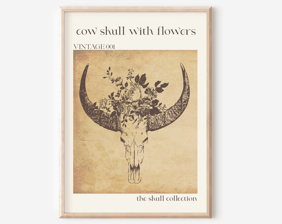 Cow Skull With Flowers Vintage Boho Western Desert Skull Poster