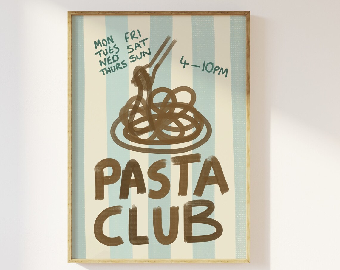 Pasta Club Spaghetti Italian Kitchen Retro Hand Drawn Food Poster