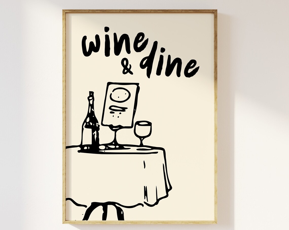 Wine And Dine Romantic Table Sketch Black Cream Kitchen Poster