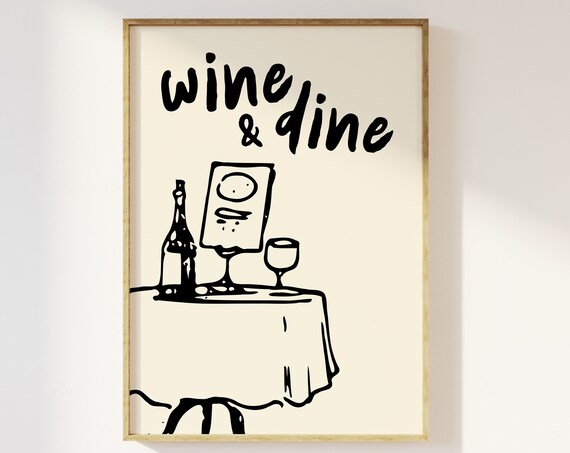 Wine And Dine Romantic Table Sketch Black Cream Kitchen Poster