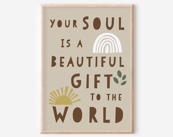 Bohemian Typography Print Boho Nursery Decor Beautiful Soul Quote World Rainbow Sunshine Beige Inspirational Children Minimalist