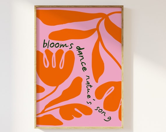 Abstract Red Pink Blooms 1970s Retro Floral Print