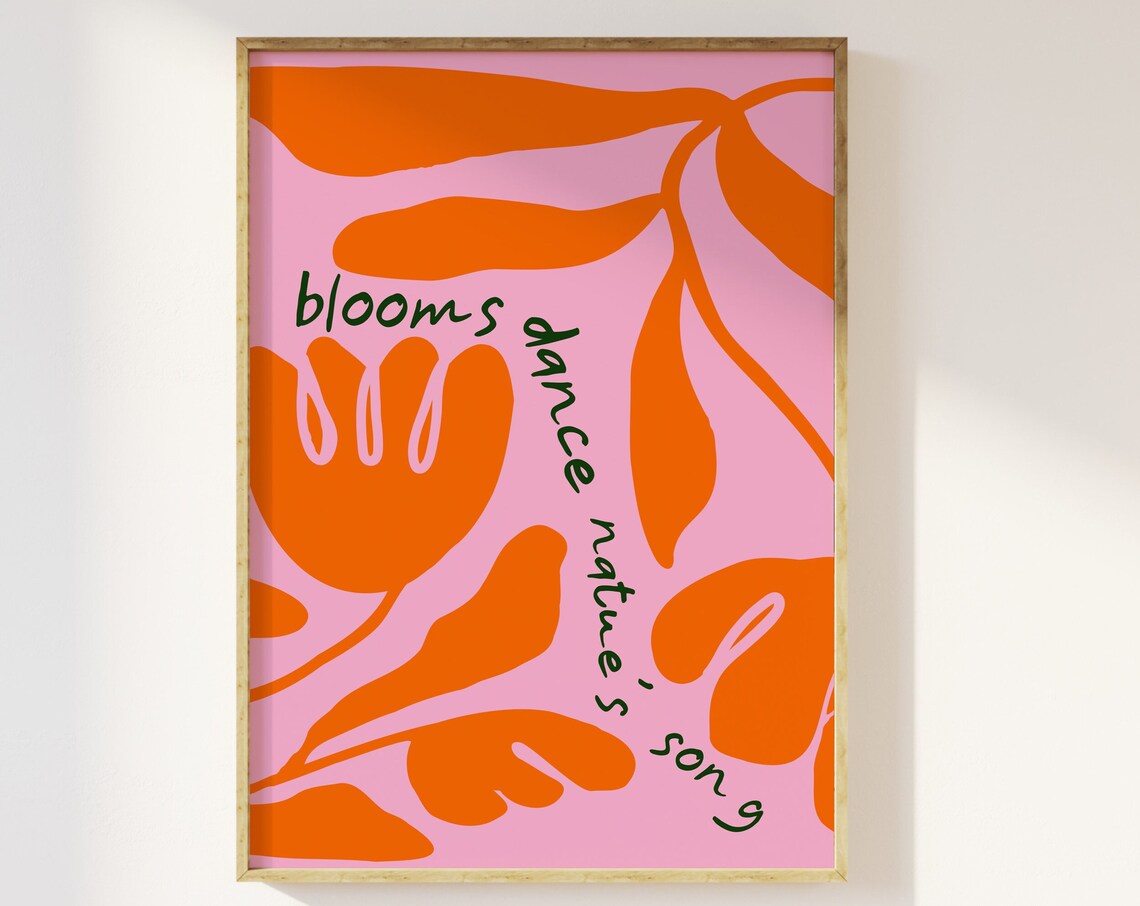 Abstract Red Pink Blooms 1970s Retro Floral Print