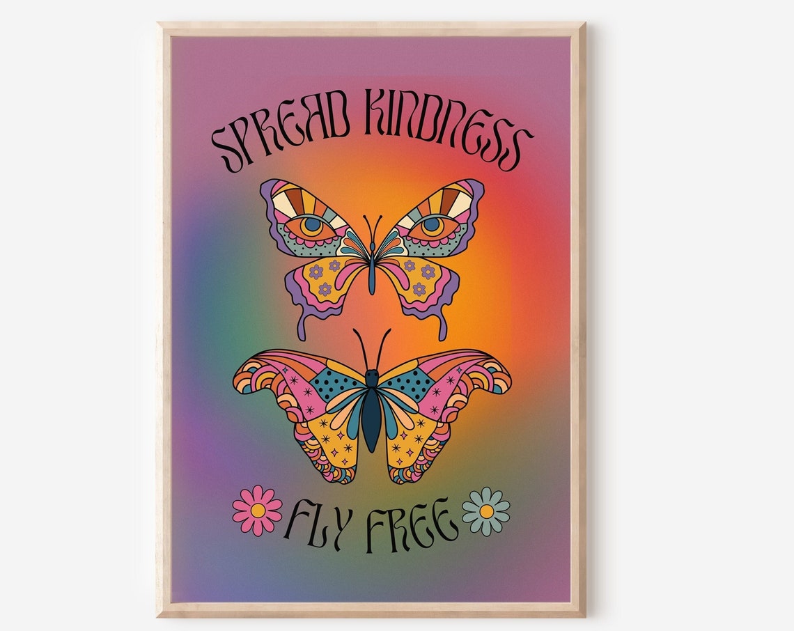 Spread Kindness Fly Free Retro Butterfly Groovy Hippie Poster