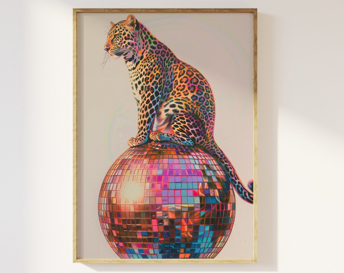 Leopard Sitting On A Disco Ball, Retro Art Print