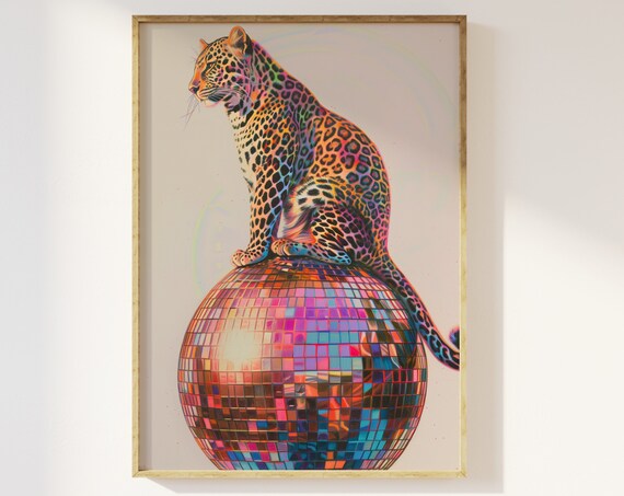 Leopard Sitting On A Disco Ball, Retro Art Print