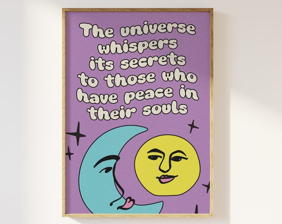 The Universes Secrets Typography Retro Print Funky Sun And Moon 80s 90s 00s Trendy Colourful Grainy Vintage Effect Cool Poster
