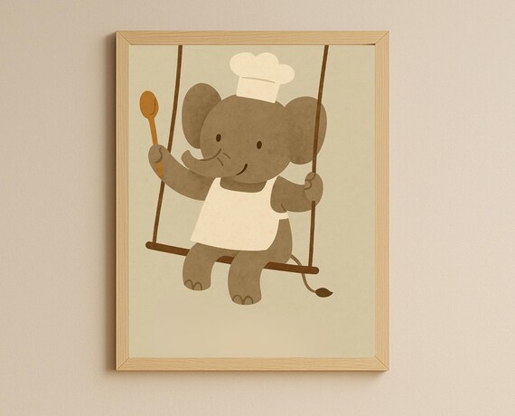 Sweet Baby Elephant Chef On Swing Cute Hobby Nursery Kids Poster