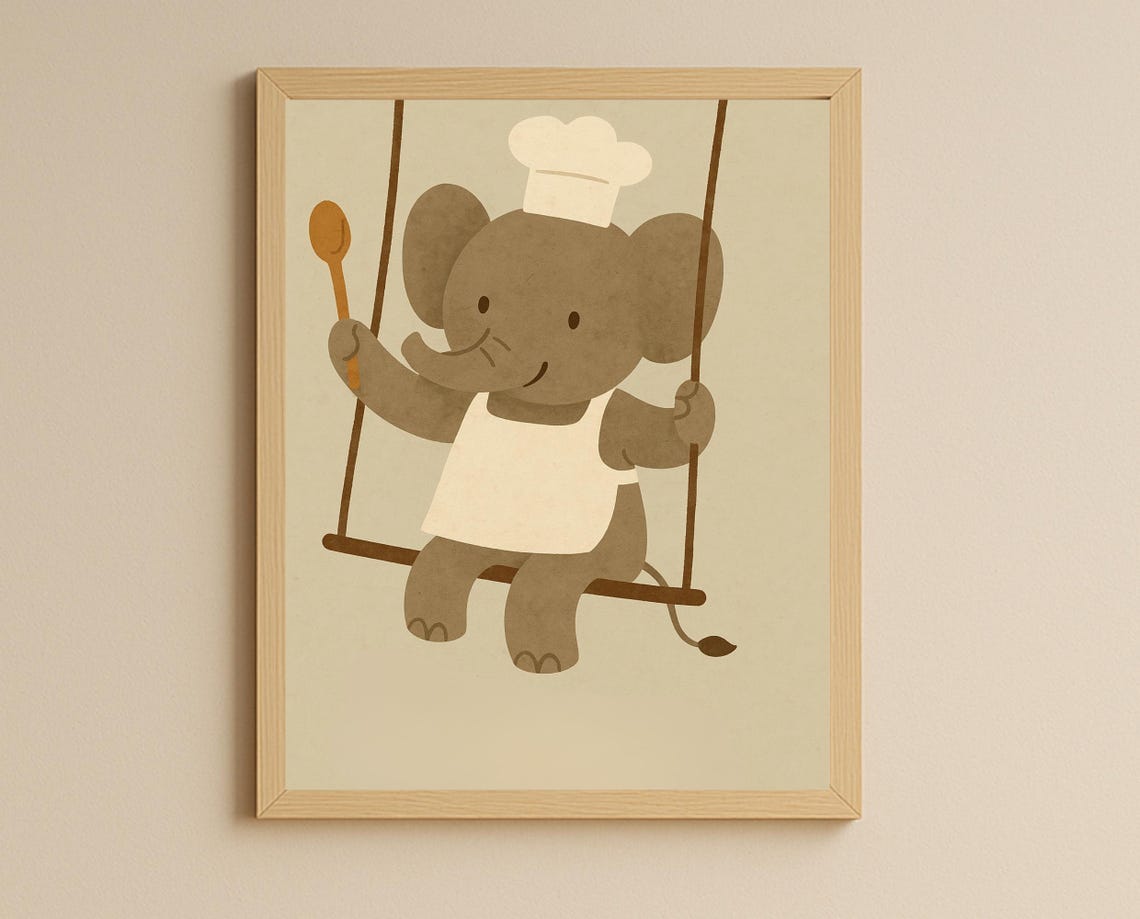 Elephant Nursery Wall Art Chef Poster Baby Room Montessori Animal