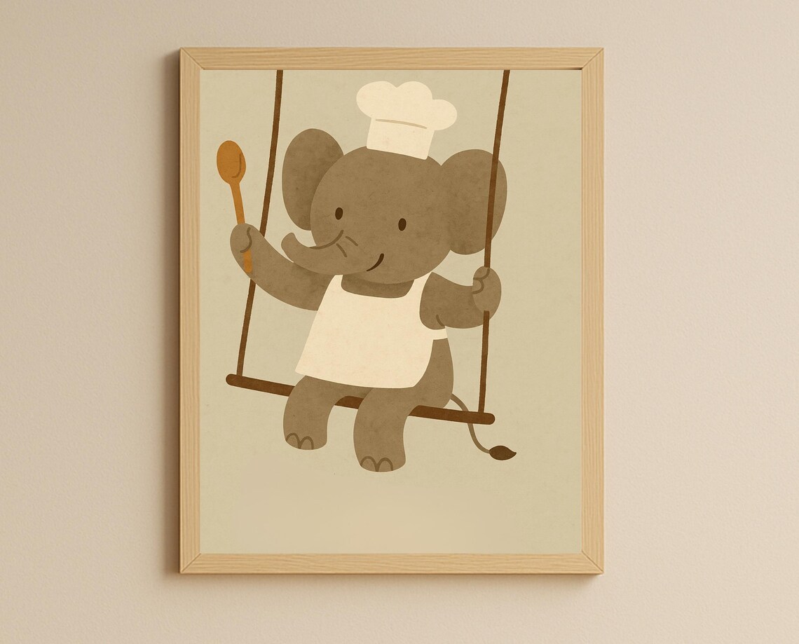 Sweet Baby Elephant Chef On Swing Cute Hobby Nursery Kids Poster