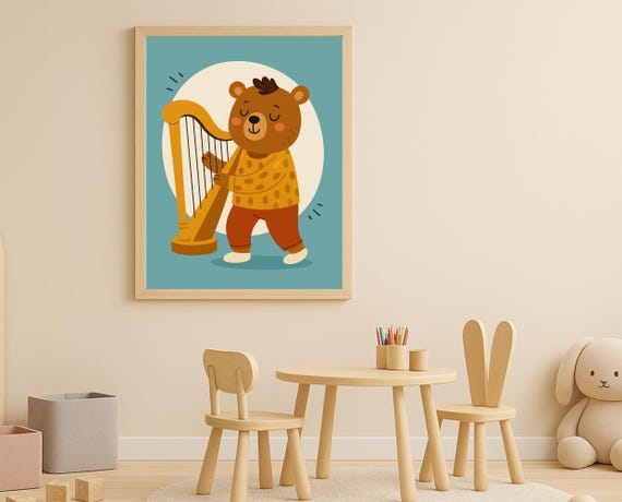 Harp Playing Bear Wall Art Musical Animal Nursery Print Hobby For Toddler Room