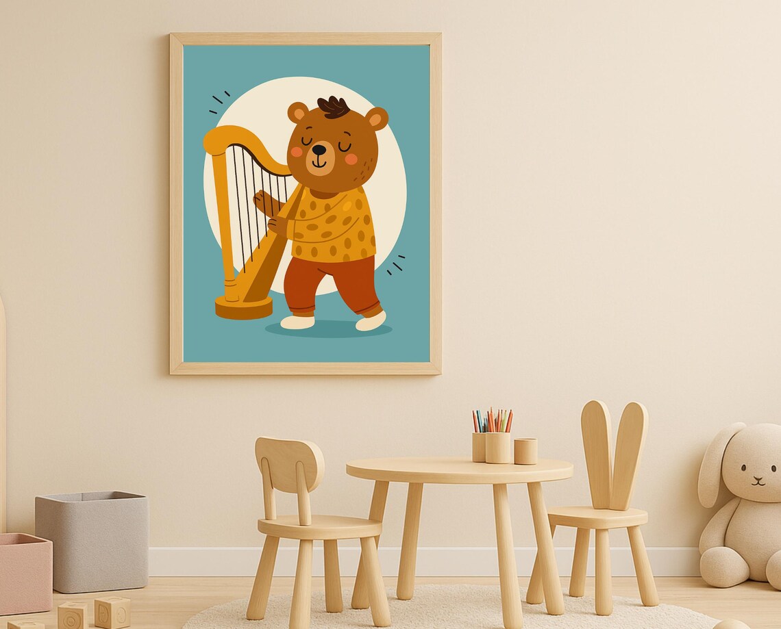 Bear Playing Harp Cute Musical Animal Poster for Kids Room Decor