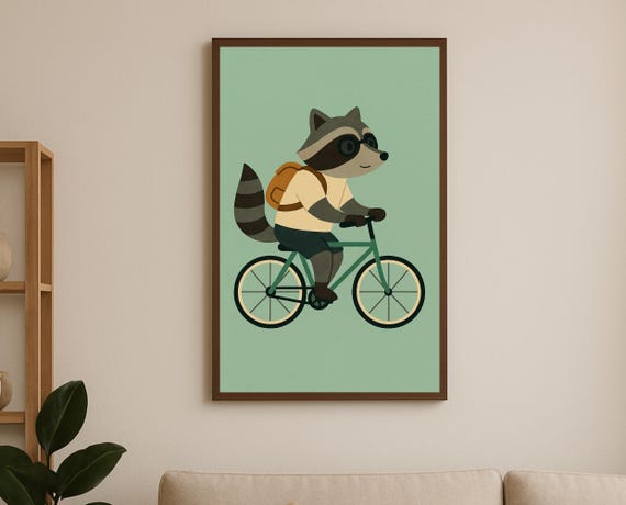 Biking Raccoon Wall Art Cute Animal Kids Room Print Adventure Nursery