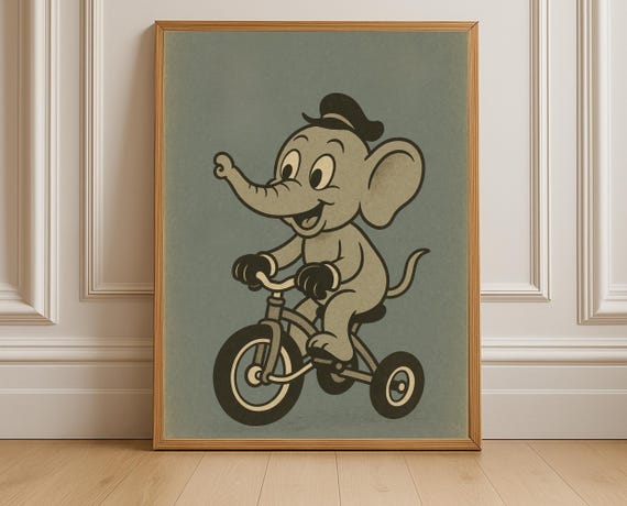 Vintage Elephant On Tricycle Retro Nursery Print Midcentury Kids Room Decor Wall Art Instant